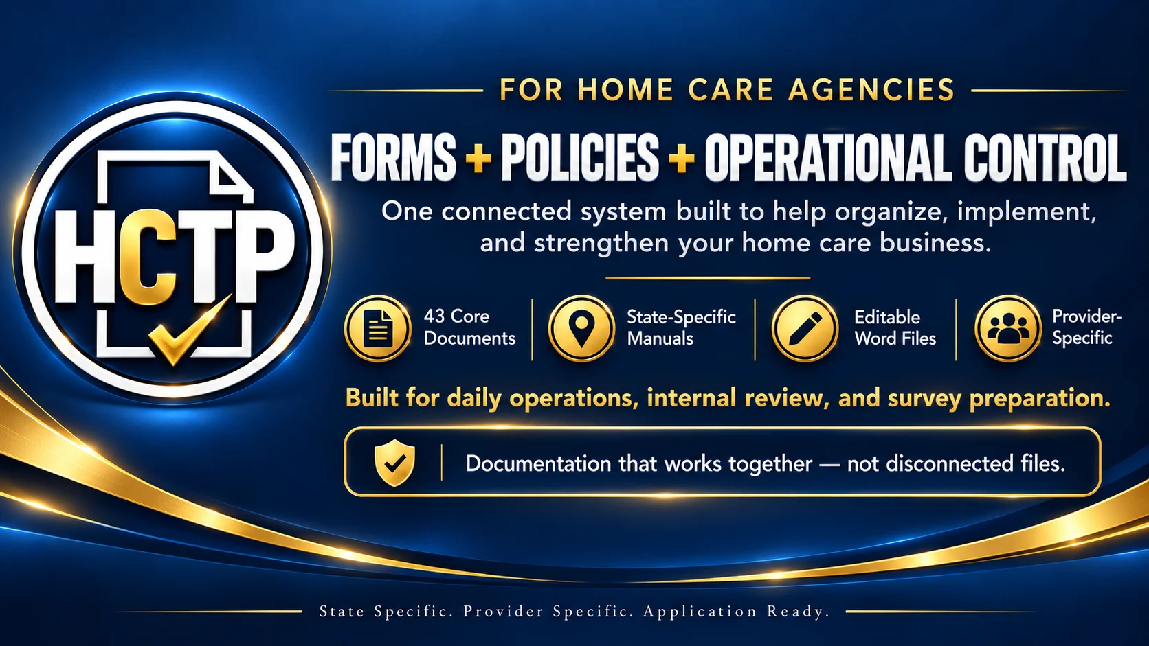 HCTP for home care agencies: Forms plus Policies plus Operational Control. 43 core documents, state-specific manuals, editable Word files, provider-specific.