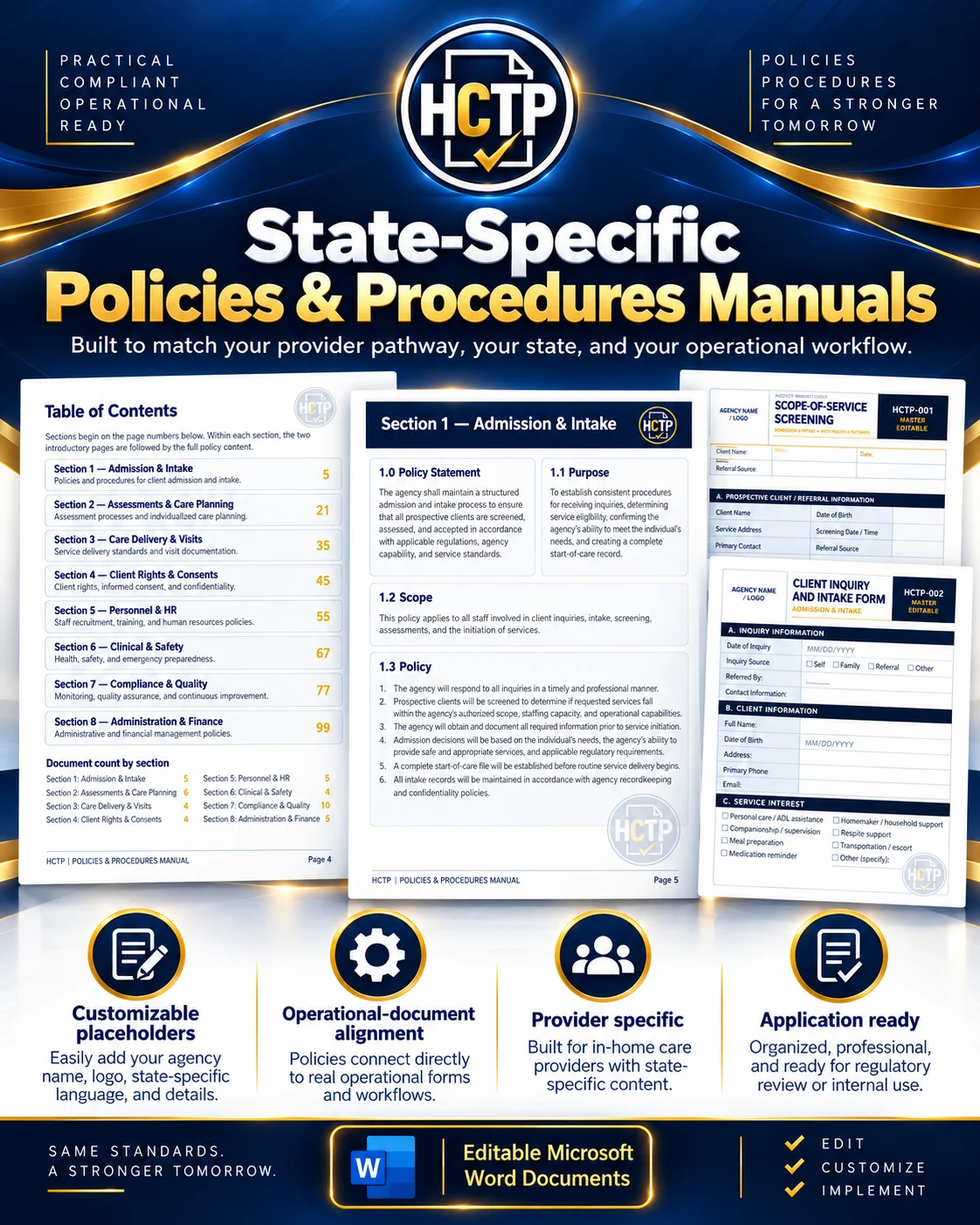 State-Specific Policies and Procedures Manuals: table of contents, policy pages and connected operational forms, delivered as editable Microsoft Word documents.