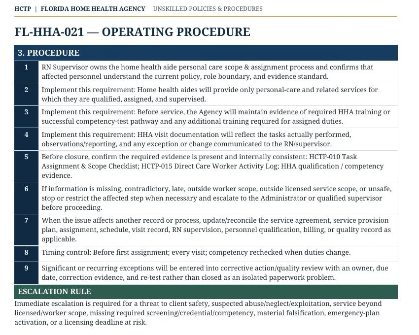 Real Florida Home Health Agency unskilled HCTP operating procedure