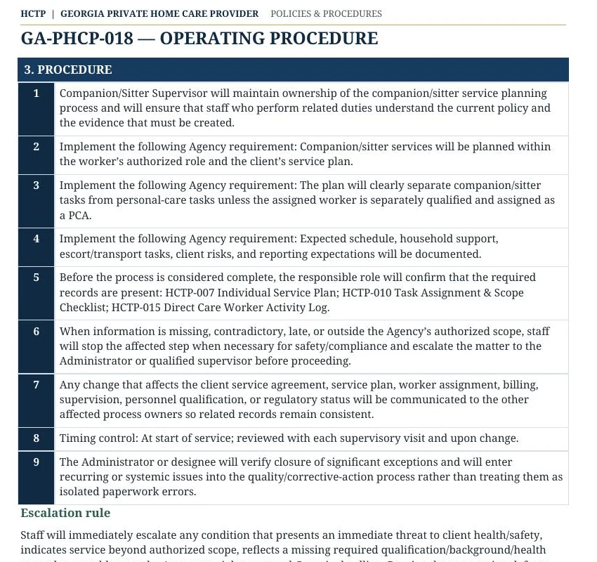 Real Georgia Private Home Care Provider HCTP operating procedure