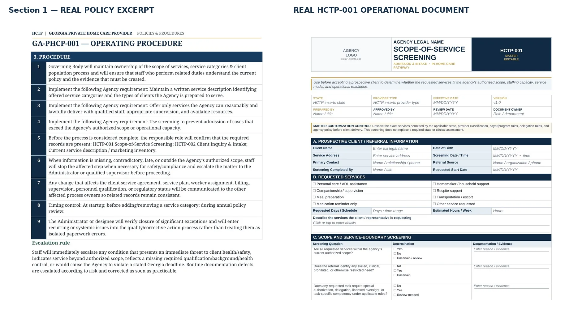 Real HCTP policy excerpt beside HCTP-001 Scope-of-Service Screening