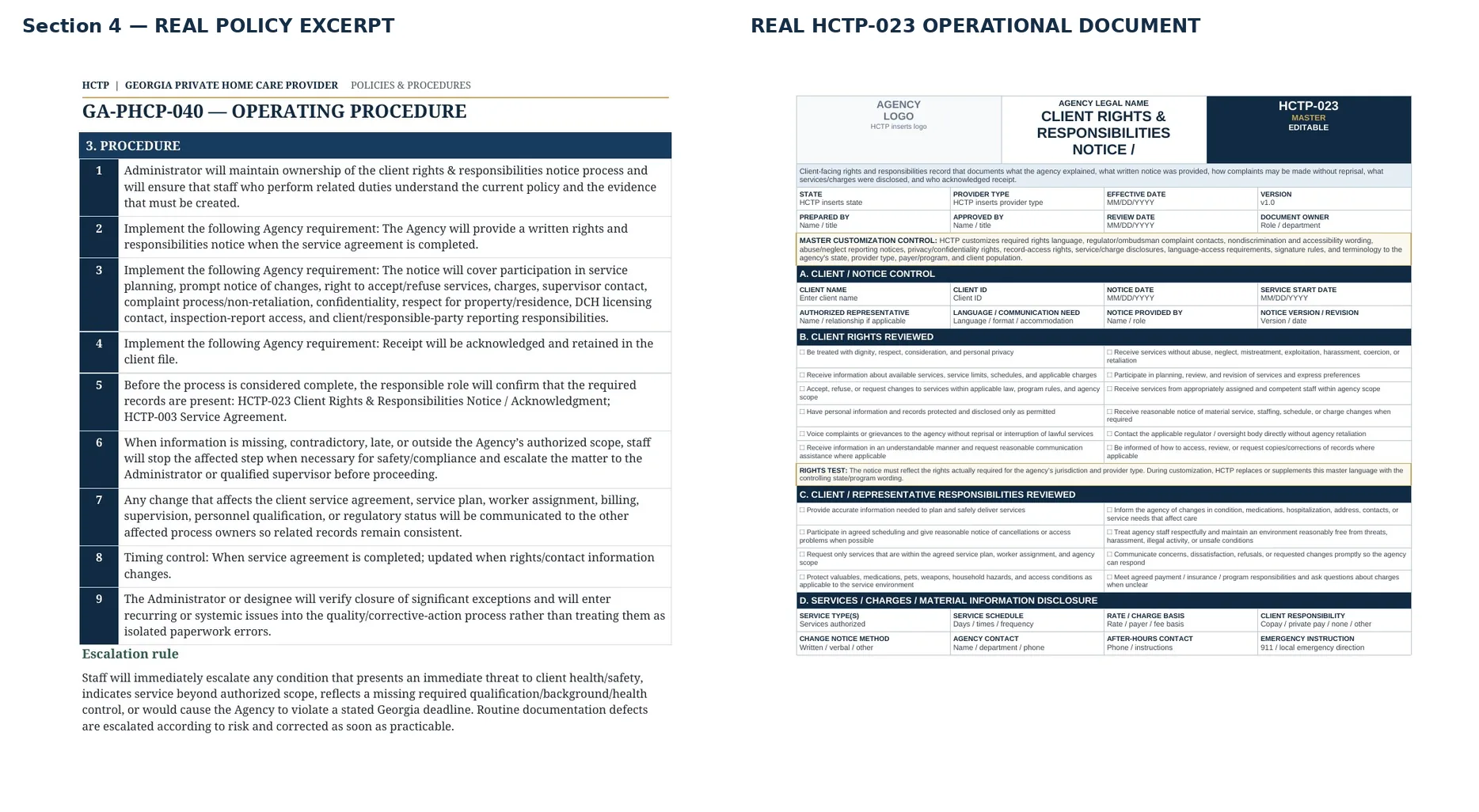 Real HCTP policy excerpt beside HCTP-023 Client Rights & Responsibilities Notice / Acknowledgment