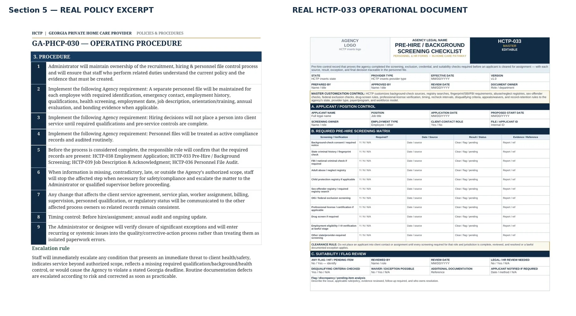 Real HCTP policy excerpt beside HCTP-033 Pre-Hire / Background Screening Checklist