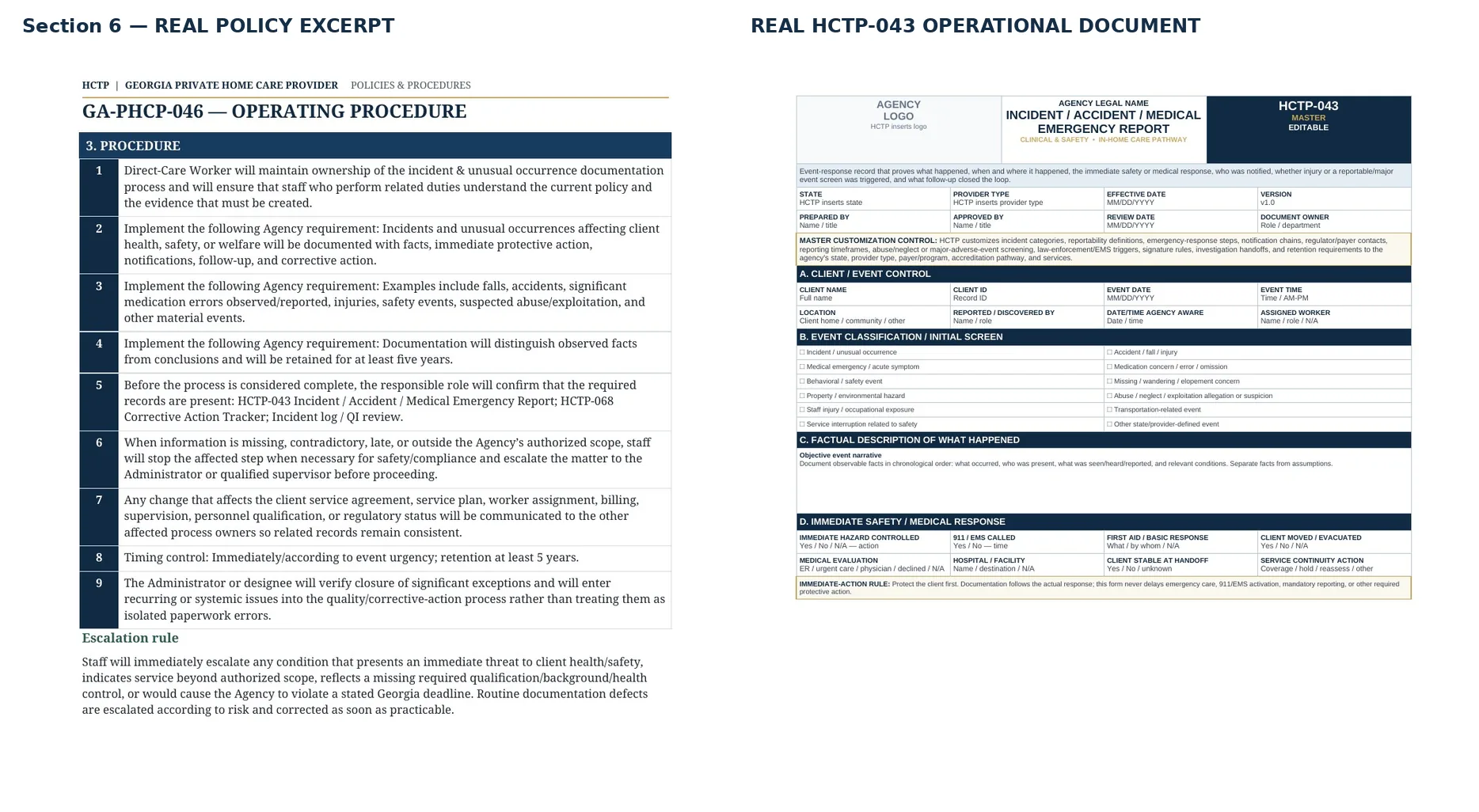 Real HCTP policy excerpt beside HCTP-043 Incident / Accident / Medical Emergency Report