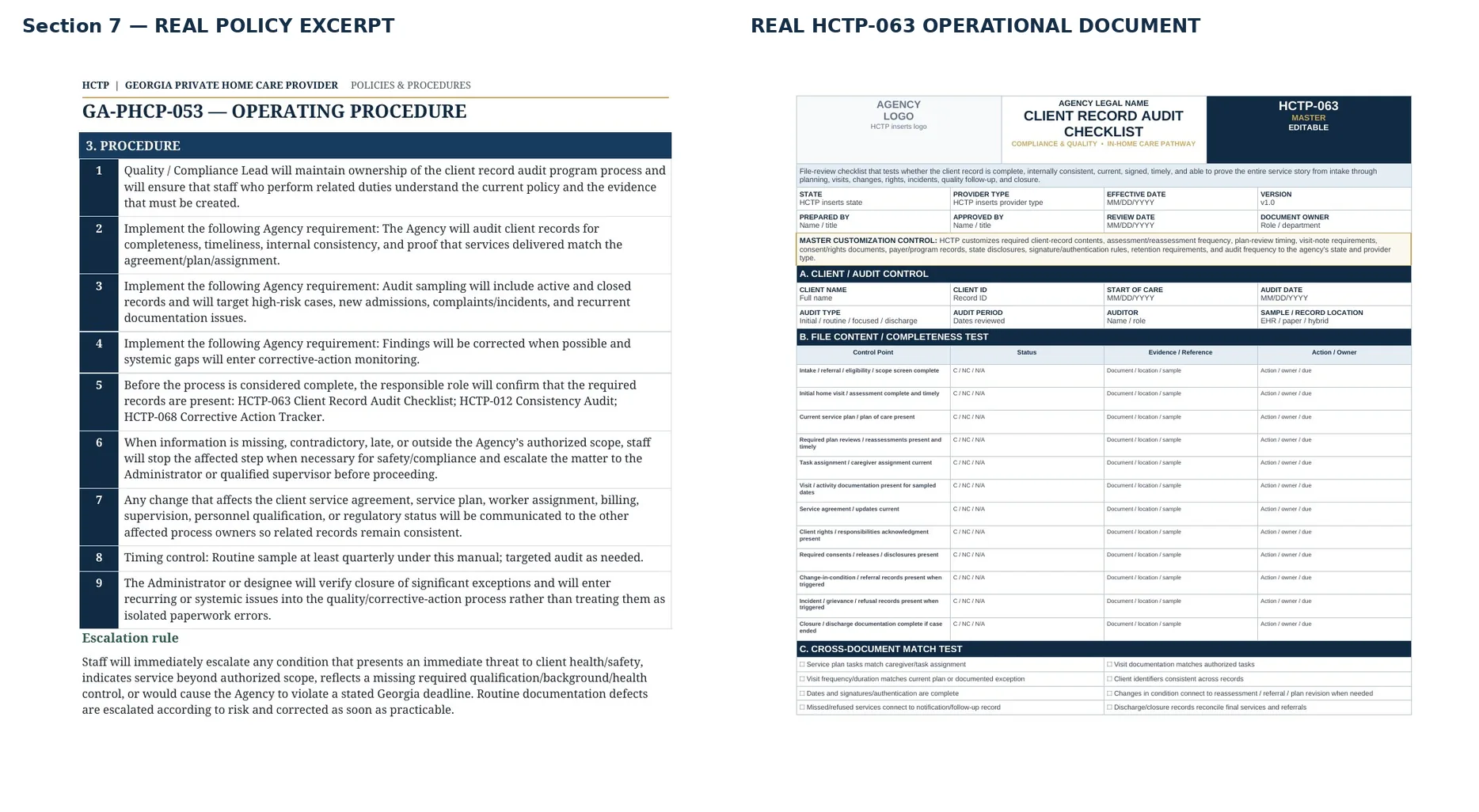 Real HCTP policy excerpt beside HCTP-063 Client Record Audit Checklist
