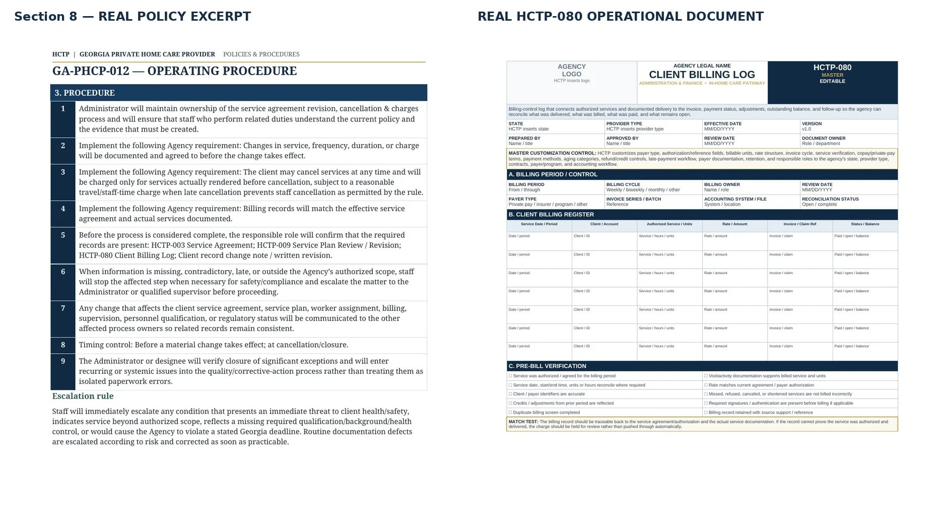Real HCTP policy excerpt beside HCTP-080 Client Billing Log